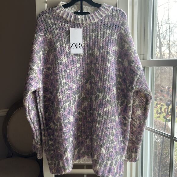 ZARA WOMEN's FLORAL Long Knit Sweater Size Medium White Lila Nwt crew neck - Picture 6 of 13